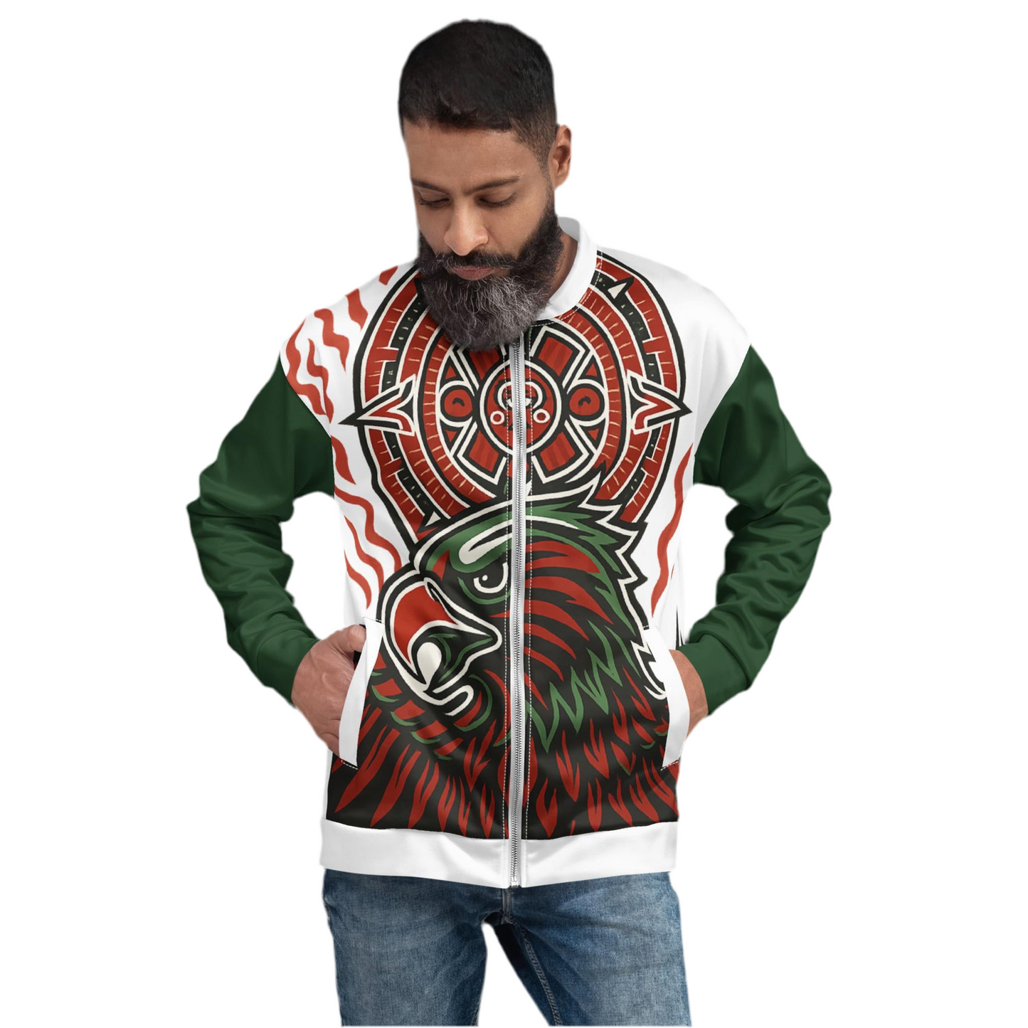 Aztec Eagle Power Bomber Jacket – Red, Black & Green Heritage Edition